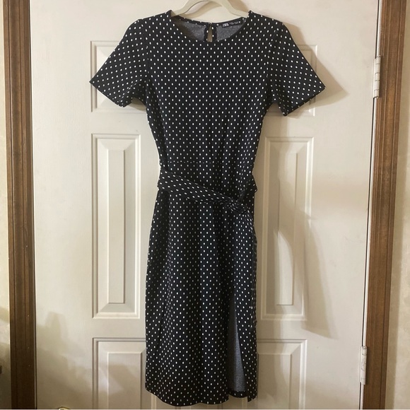 Zara Polka Dot Bodycon Belted Dress Size Medium - Picture 2 of 9